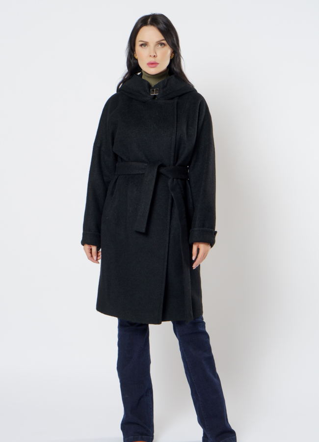фото Полупальто женское в черном цвете с капюшоном модель № 21542
