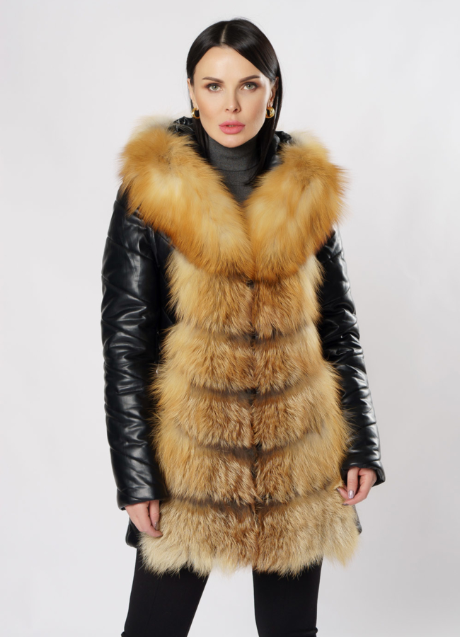 Пуховик трансформер из эко кожи модель № 980 меха малина