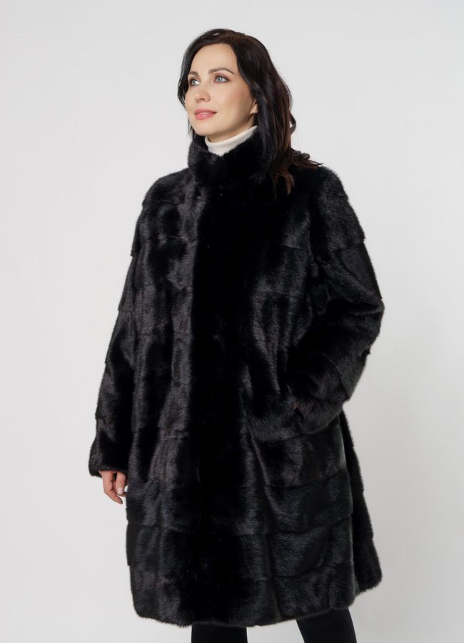 Норковая шуба трансформер со стойкой черного цвета модель № 2105 меха малина