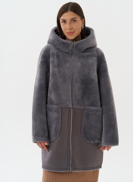 Двухсторонняя эко дубленка с капюшоном