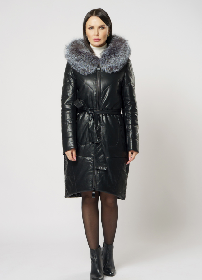 Пуховик из эко кожи с чернобуркой  модель № 18256 в кредит