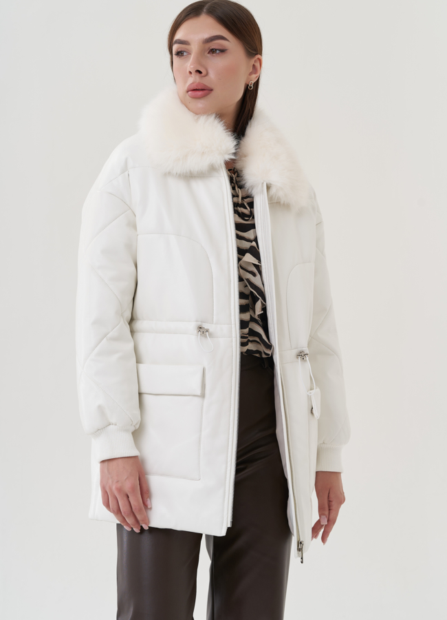 Куртка утепленная из эко кожи с отделкой из меха песца модель № 25497 в рассрочку