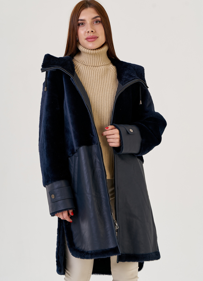 Дубленка из натуральной кожи синего цвета модель № 23290 универмаг малина