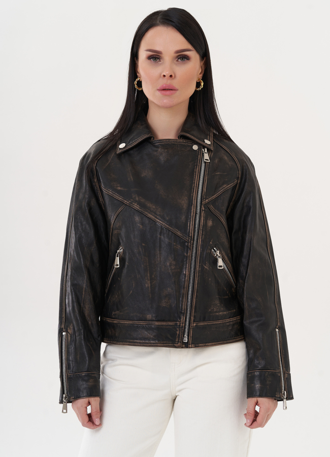 Куртка из натуральной кожи под винтаж модель № 26715 универмаг малина