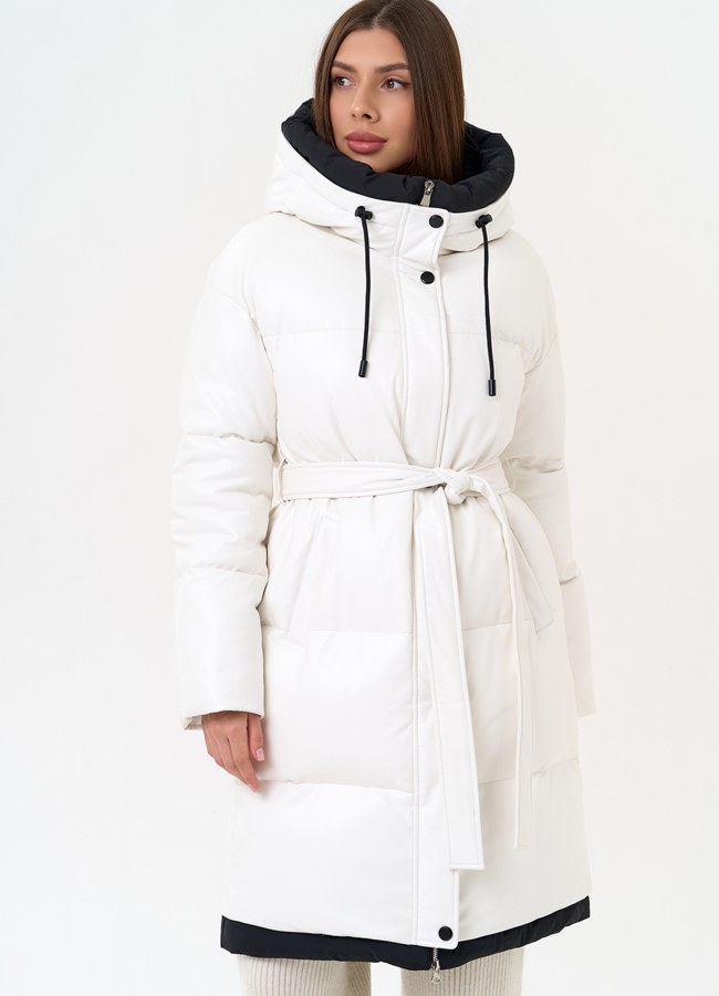 Белый пуховик из эко кожи с поясом модель № 30728 универмаг малина Белый пуховик из эко кожи с поясом модель № 30728 универмаг малина