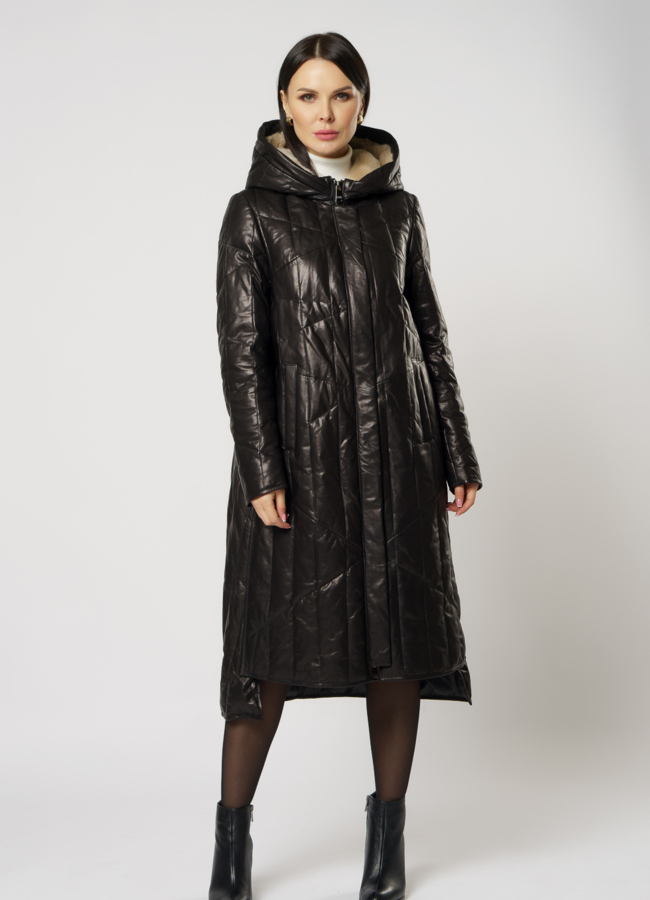 Кожаный пуховик на молнии с капюшоном модель № 2091 в рассрочку
