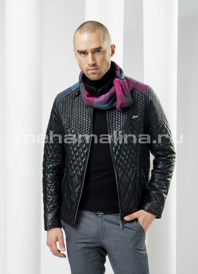 Куртка кожаная с вшитым шарфом модель № KP-78 меха малина