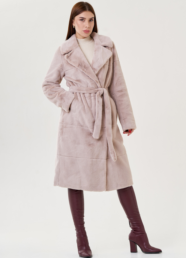 Пальто из эко меха с поясом модель № 79341 универмаг малина