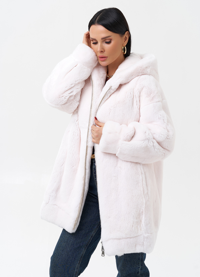 Шуба из меха кролика с капюшоном модель № 29065 универмаг малина