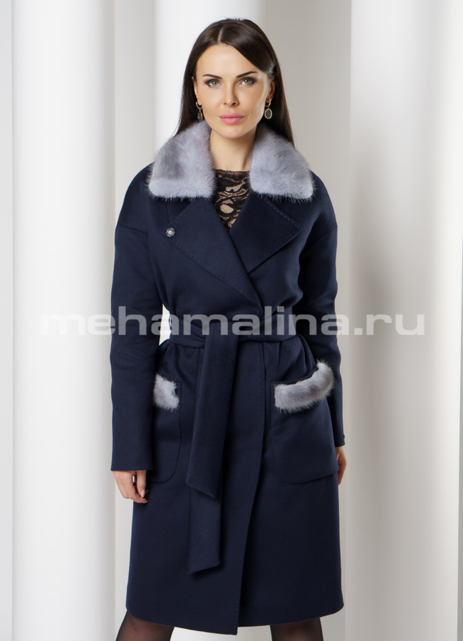 Зимнее утепленное пальто с отделкой из норки модель № 030 меха малина