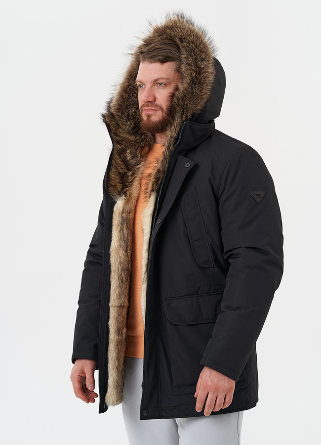 Полупальто с капюшоном из меха енота модель № 26151 универмаг малина