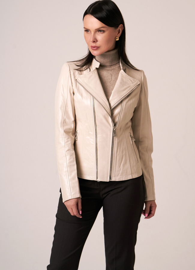 Белая кожаная куртка модель № 950 меха малина