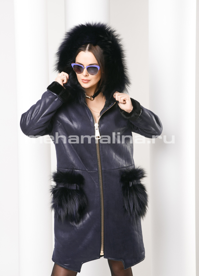 Удлиненная дубленка из эко кожи синего цвета модель № S-158 универмаг малина