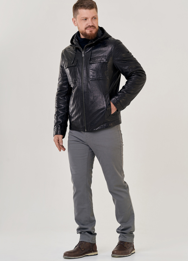 Мужская кожаная куртка с капюшоном модель № 80596 универмаг малина
