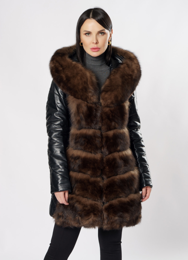 Пуховик трансформер из эко кожи черного цвета модель № 19244 меха малина