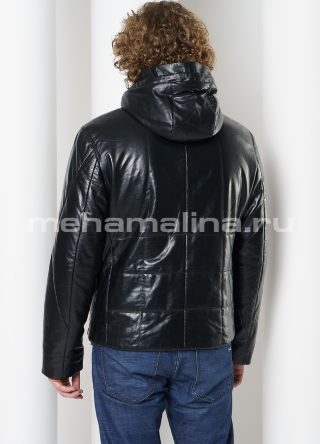 Кожаный пуховик с капюшоном модель № KP-236 в кредит