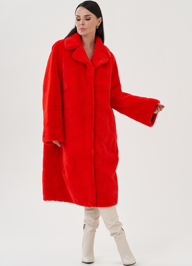 Красная шуба из кролика модель № 24798 универмаг малина