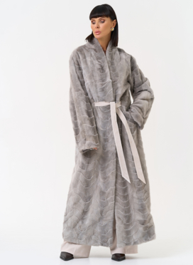 Длинная шуба из меха норки с поясом