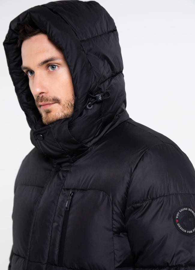 Пуховик мужской черного цвета с капюшоном  модель № 25521 универмаг малина
