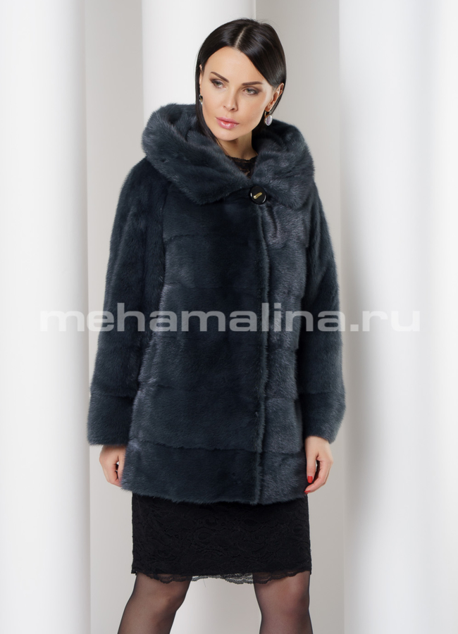 фото Норковая шуба поперечная с капюшоном модель № S-764