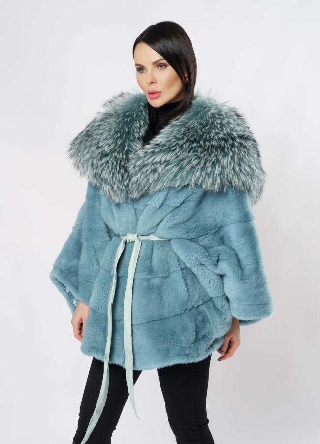 фото Укороченная норковая шуба с капюшоном светло-зеленого цвета модель № S-851