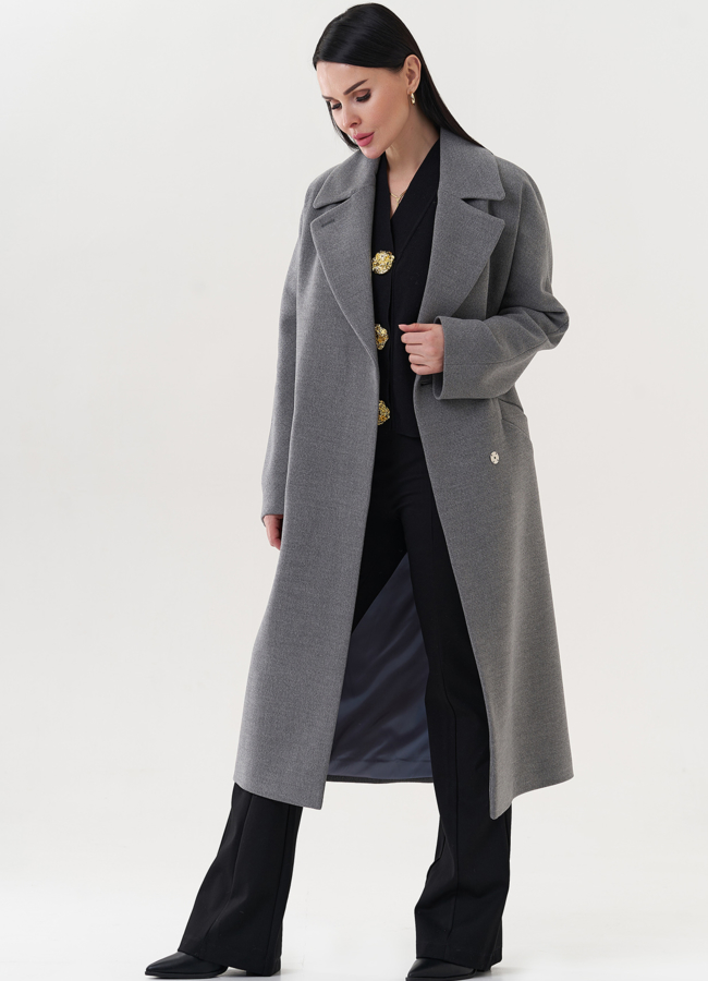 Пальто серого цвета с английским воротником модель № 26723 в рассрочку