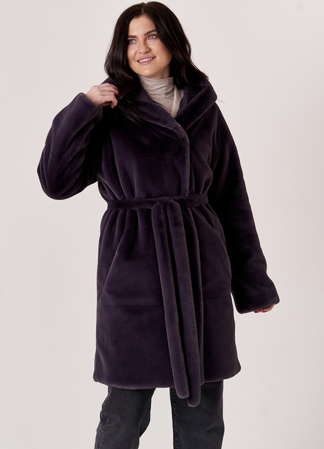 Двусторонняя шуба из эко меха с капюшоном модель № 19352 универмаг малина