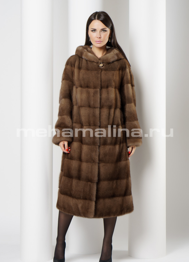 Норковая шуба с капюшоном в цвете пастель модель № S-729 в кредит