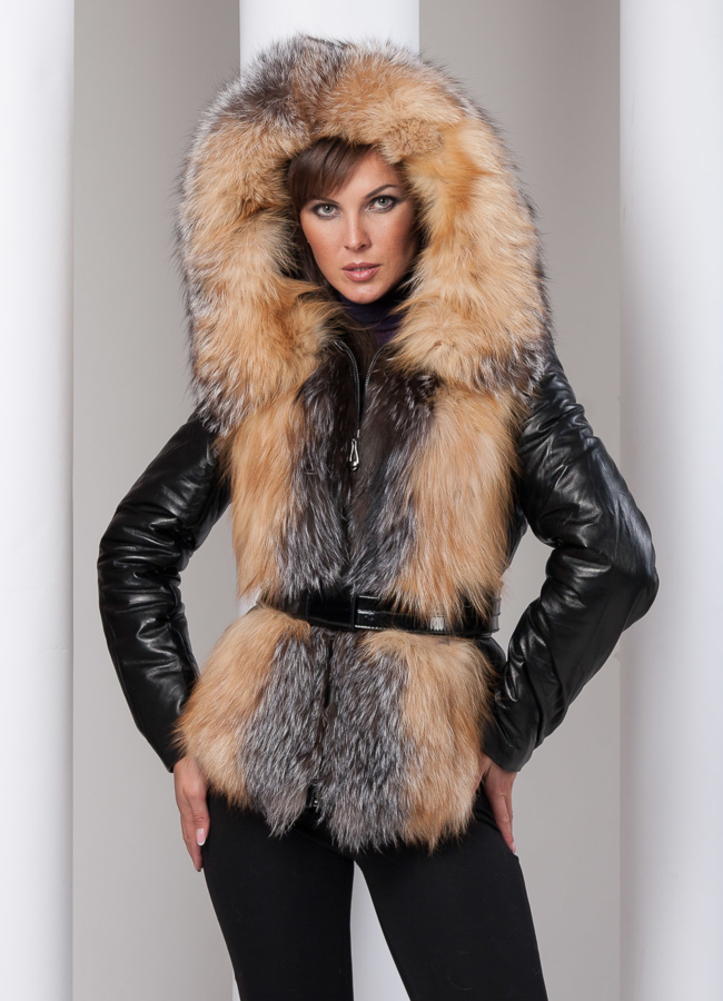 Кожаные куртка-жилет со съемными рукавами модель № K-46  меха малина