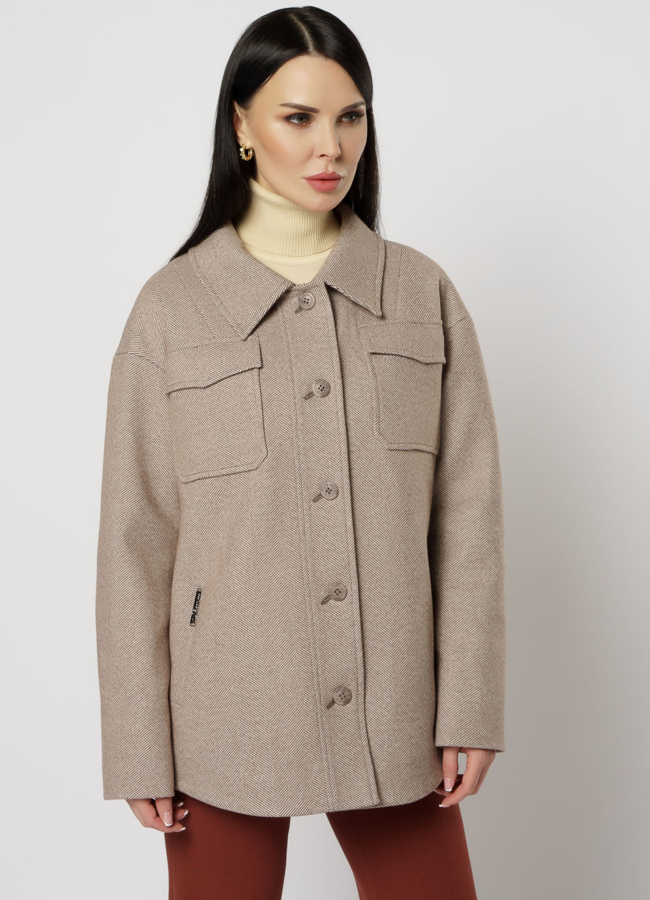Женское пальто-рубашка коричневого цвета модель № 20763 в кредит