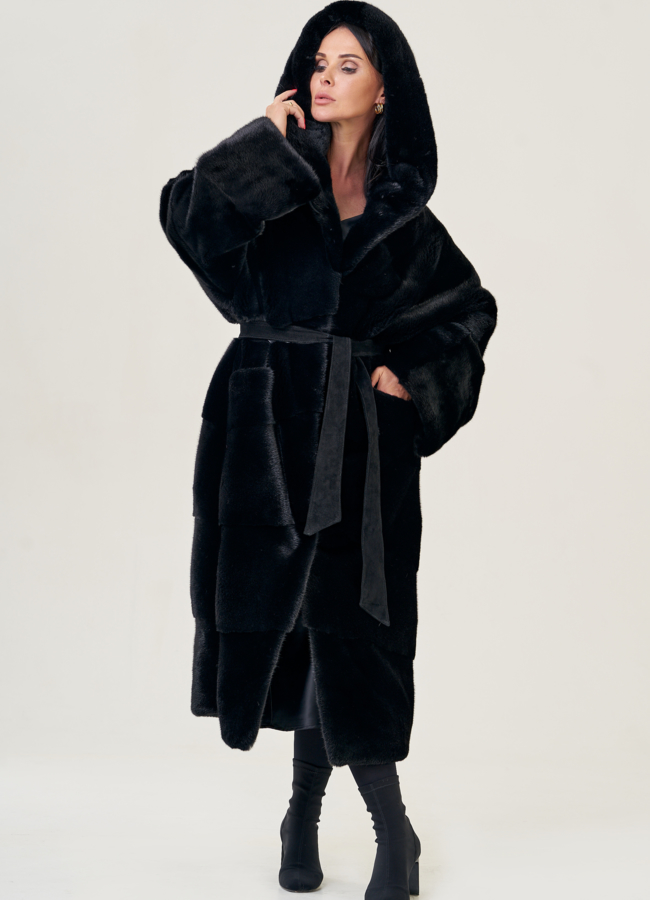 Шуба из скандинавской норки с капюшоном модель № 23084 универмаг малина