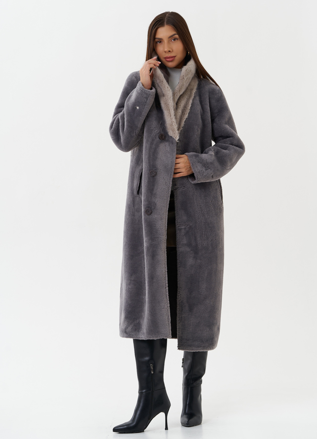 Длинная дубленка из эко кожи с воротником шаль модель № 27782 универмаг малина