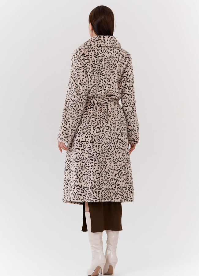 фото Женское пальто в бежевом цвете с анималистическим принтом модель № 24115