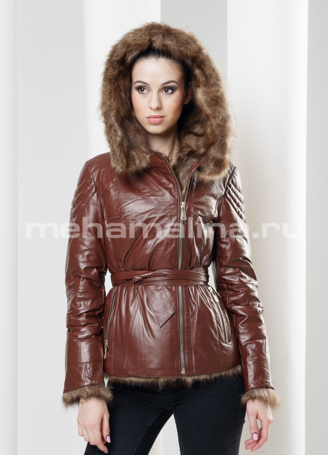 Кожаная куртка на пуху модель № K-270 меха малина