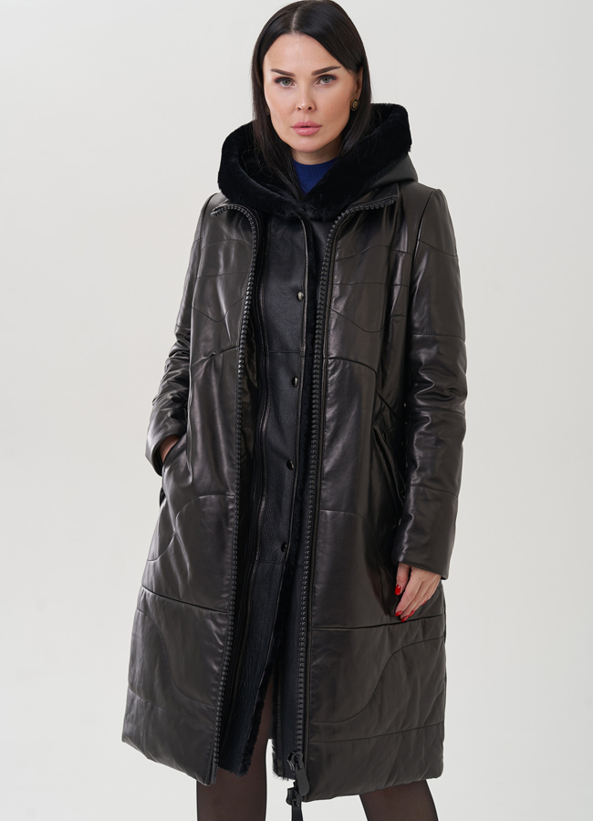 Пуховик из натуральной кожи на молнии с капюшоном модель № 19575 меха малина Пуховик из натуральной кожи на молнии с капюшоном модель № 19575 меха малина