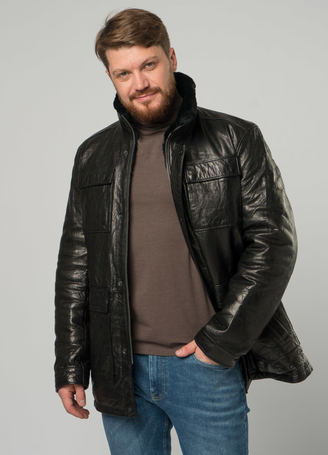 Мужской пуховик из натуральной кожи черного цвета модель № 21922 меха малина