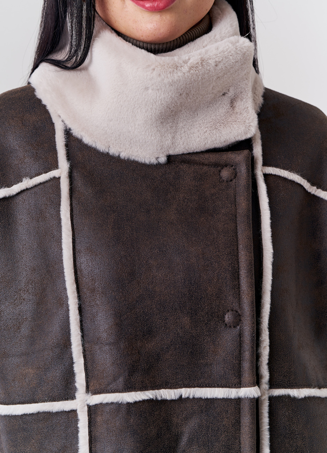 Удлиненная эко дубленка коричневого цвета модель № 21162 универмаг малина