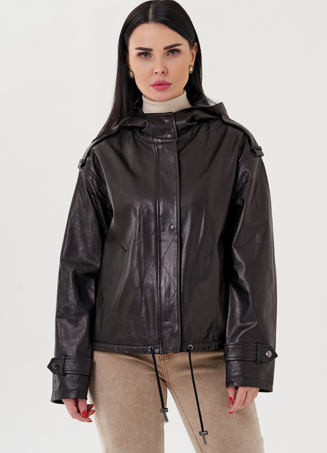 Кожаная куртка с капюшоном модель № 24361 универмаг малина