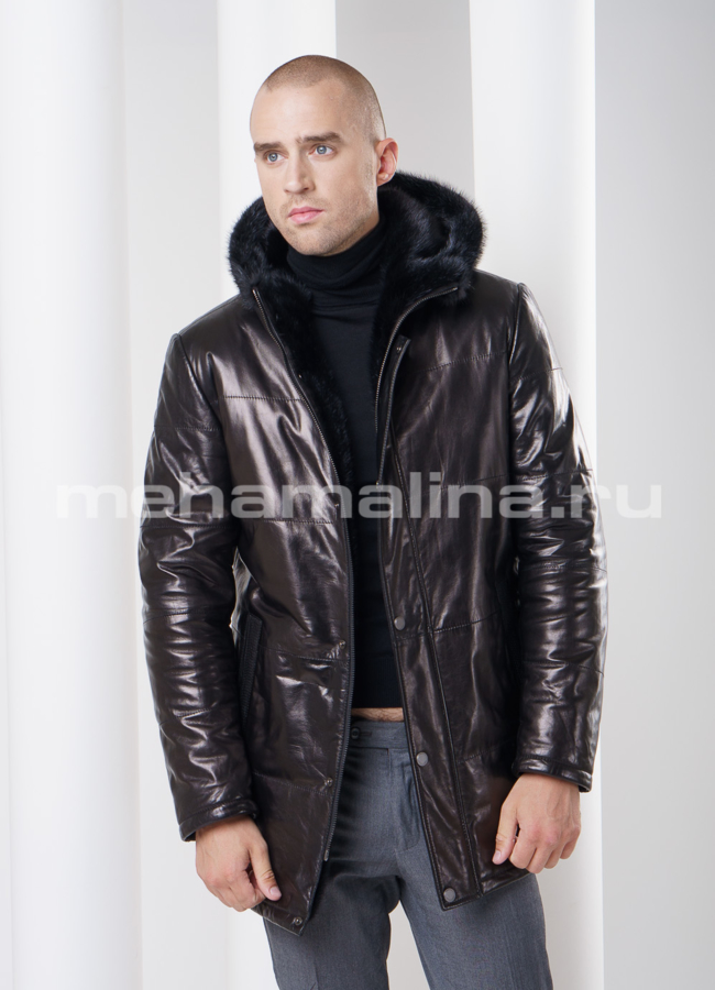 Дубленка мужская с капюшоном из норки модель № DM-71 меха малина