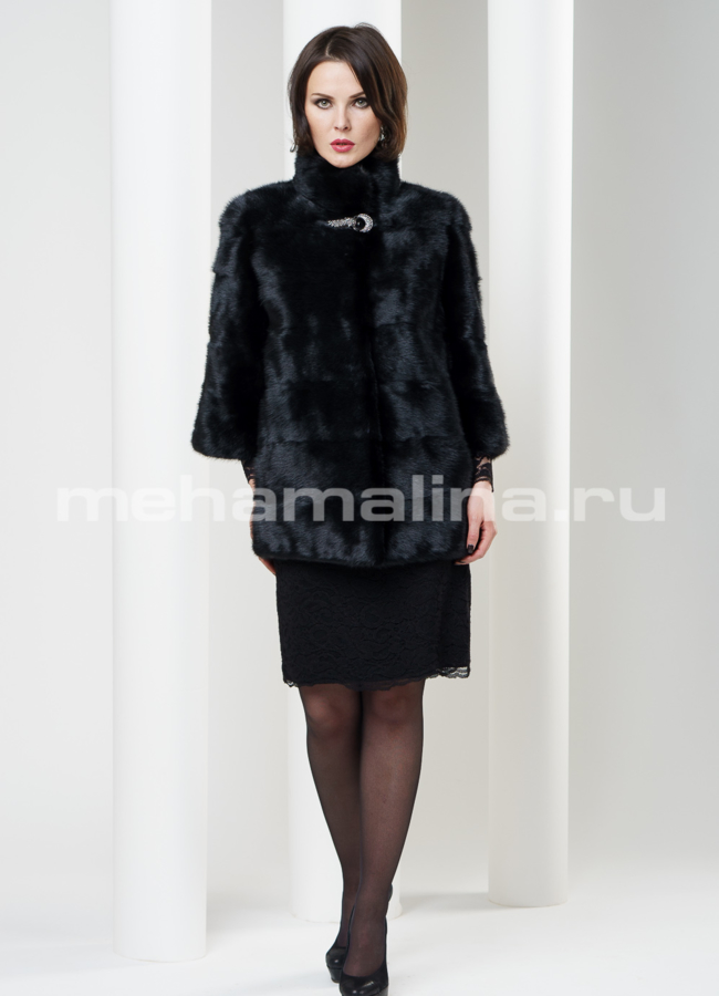 Шуба из норки укороченная, черная поперечка модель № S-178 в кредит