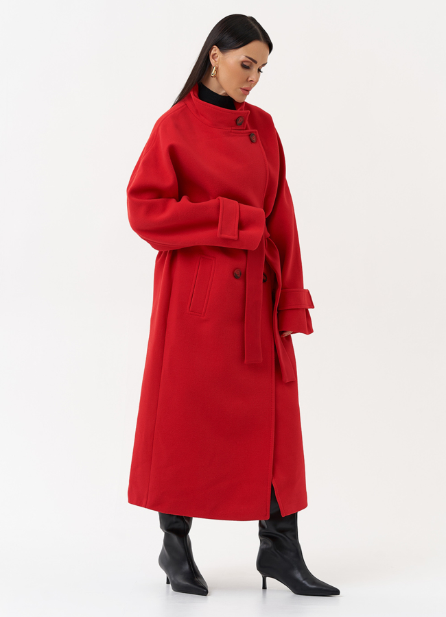 Длинное женское пальто красного цвета модель № 30200 в кредит