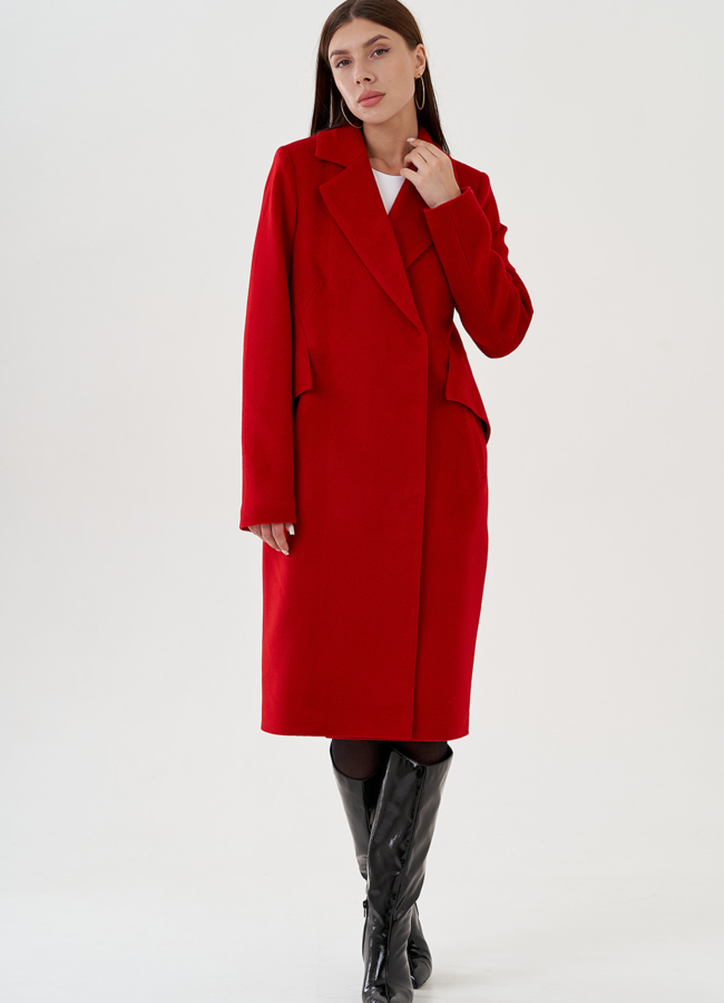 Пальто женское удлиненное  в красном цвете с поясом модель № 81037 универмаг малина