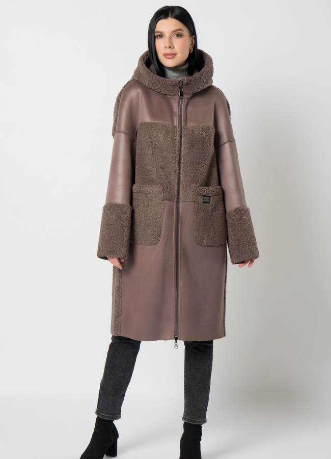 Дубленка из эко кожи двусторонняя модель № 7702 меха малина