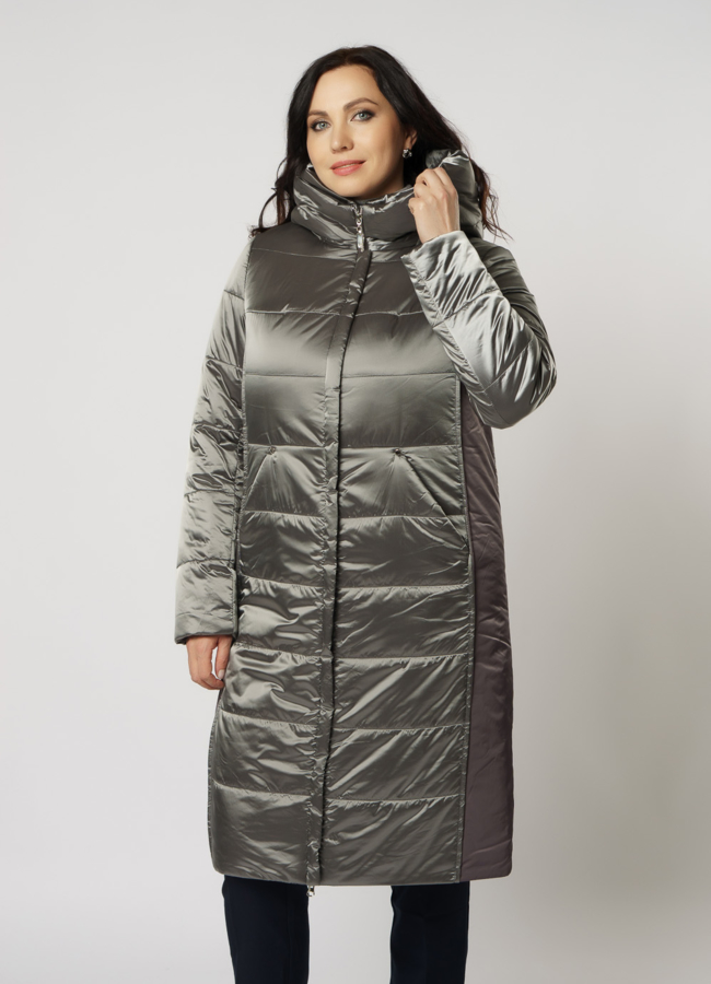 Серый пуховик на молнии с капюшоном модель № 238 меха малина