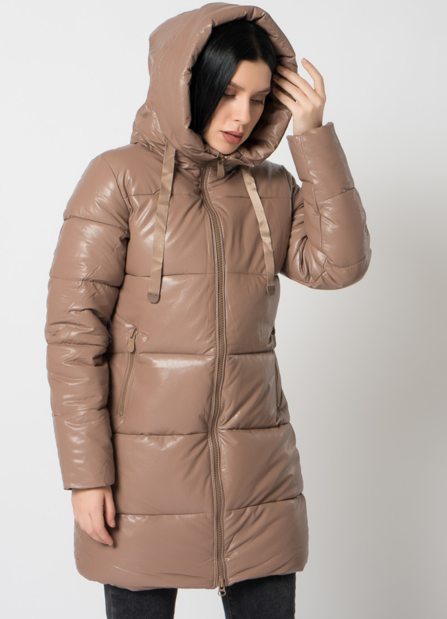 Пуховик из эко кожи с капюшоном модель № 2123 универмаг малина