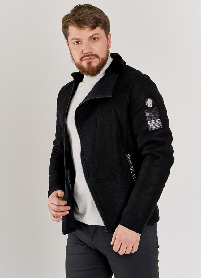 Дубленка мужская черного цвета модель № DM-501 меха малина