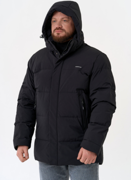 Мужской пуховик черного цвета с капюшоном