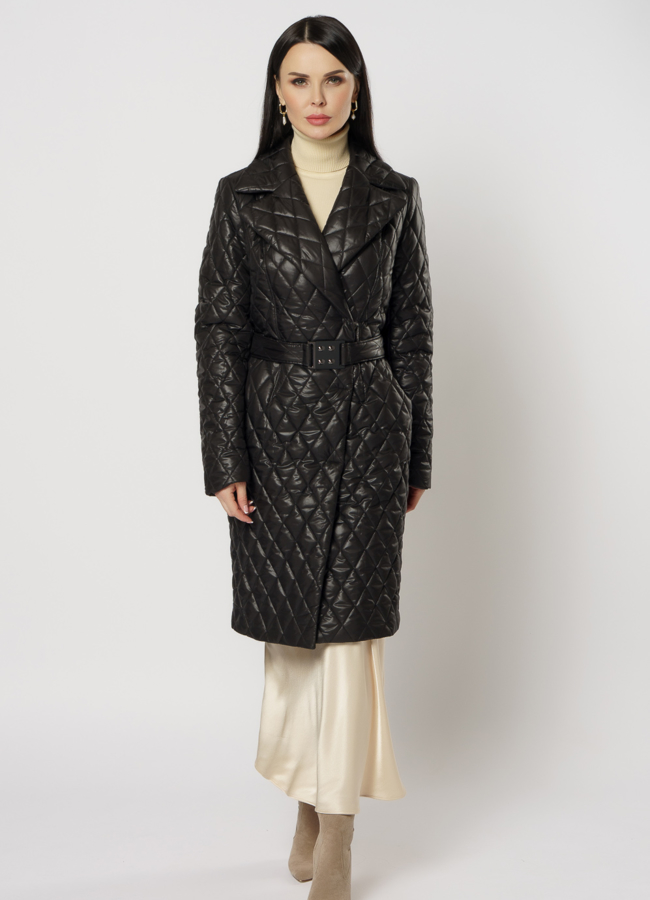 фото Утепленное женское пальто на поясе модель № 17779