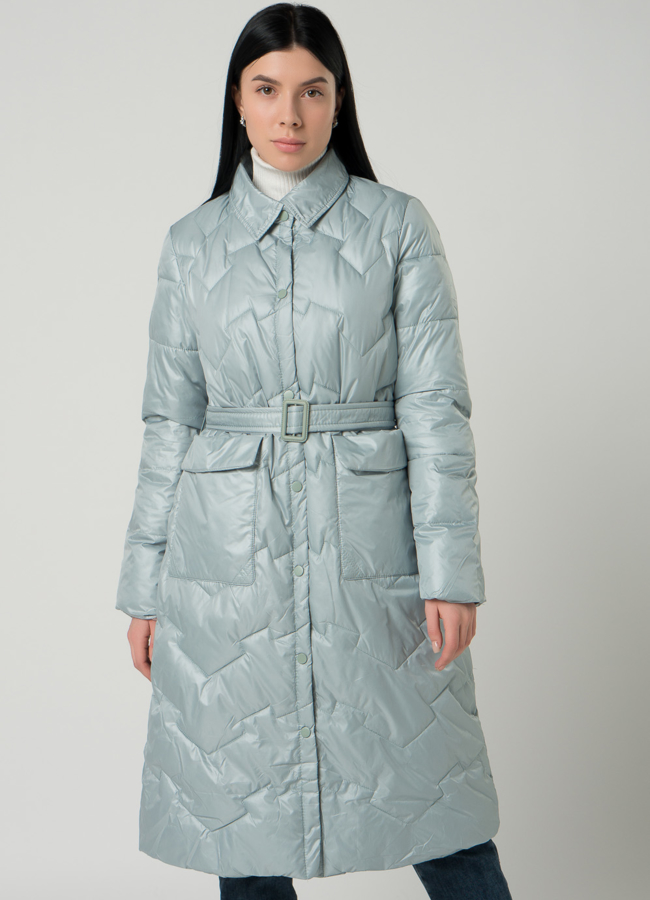 Удлиненное пальто с отложным воротником в светло-зеленом цвете модель № 22331 меха малина