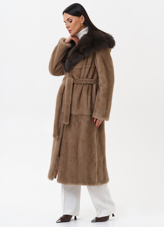 Длинная шуба из норки с куницей модель № 29531 универмаг малина